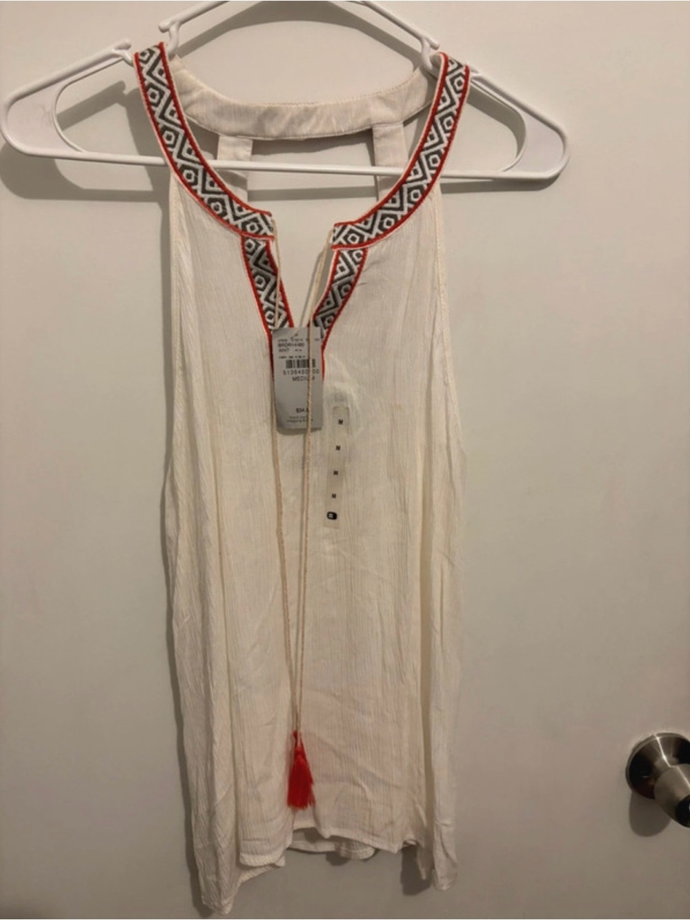 Buckle Cream Halter Top with Red Accent Logo Tag